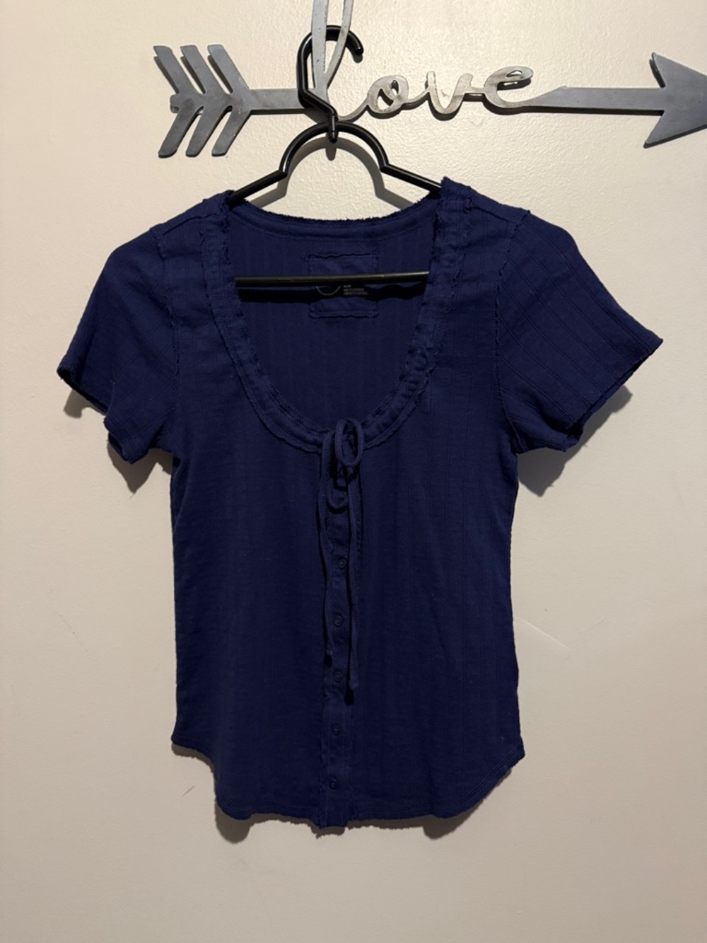 Navy Short Sleeve Button-Front Top with Tie Detail